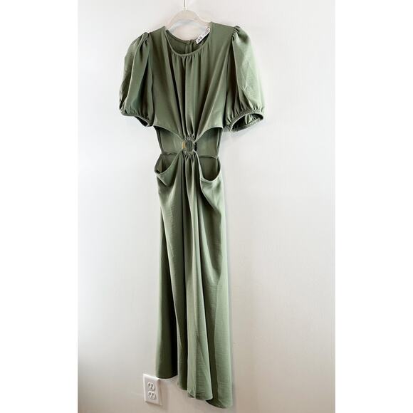 Zara Short Puff Sleeve Round Neck Cut Out A-Line Midi Dress Green Small - Picture 9 of 10